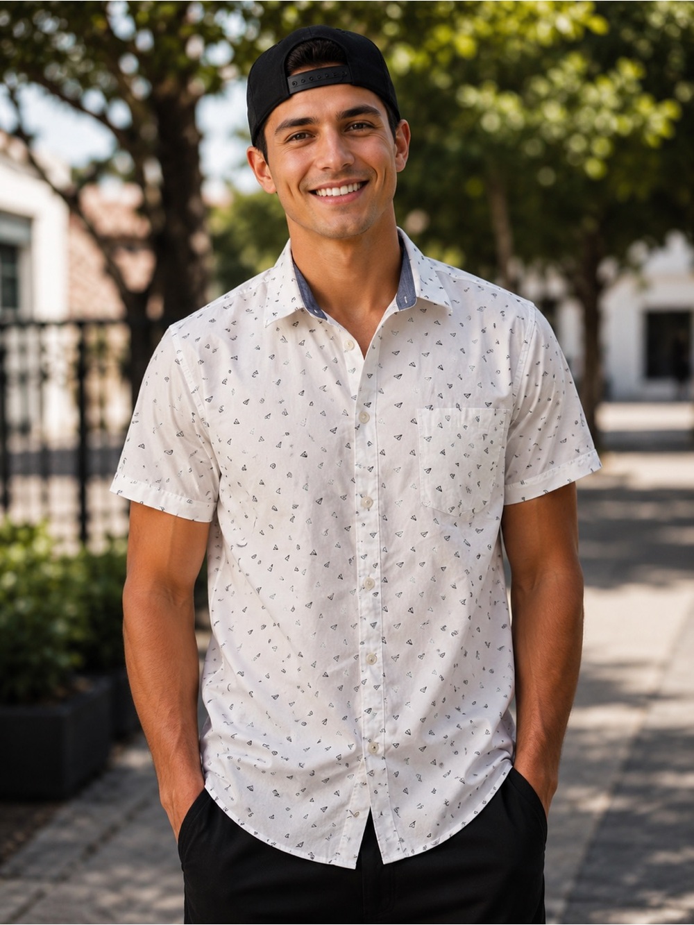 Van Heusen White Short Sleeve Button-Down with Navy Micro Sail Print